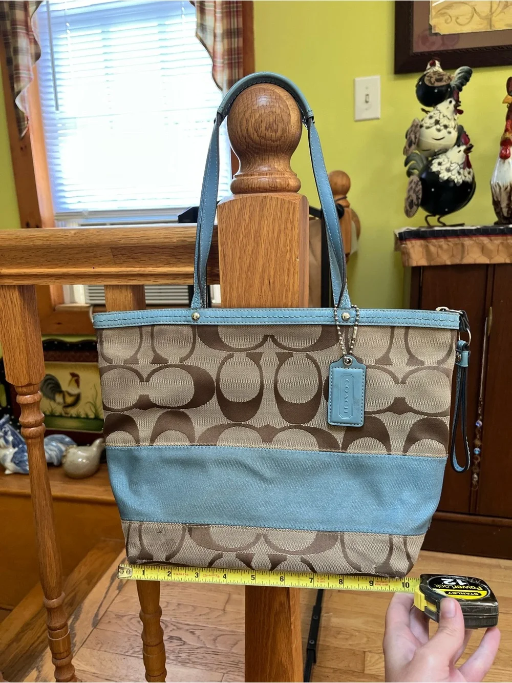 Coach Brown Signature Canvas Tote with Light Blue Trim